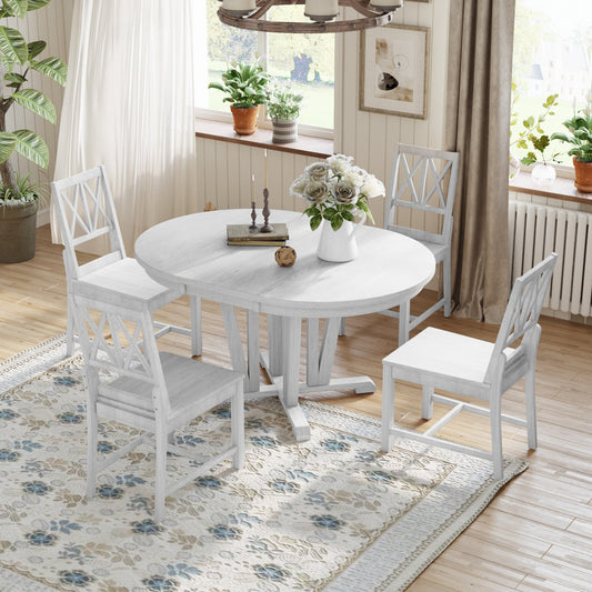 Rustic 5-Piece Extendable Dining Table Set Round Trestle Table and 4 Cross Back Dining Chairs for Kitchen, Dining Room