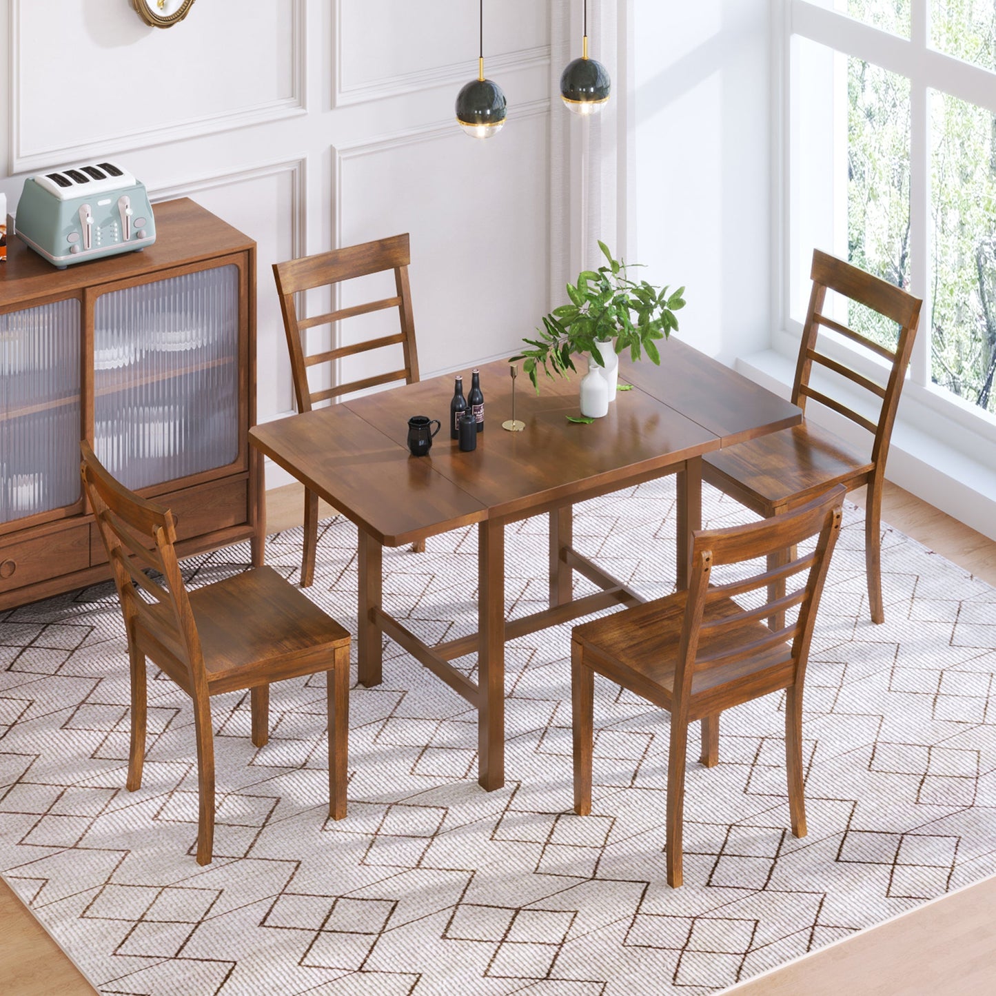 5-Piece Wood Square Drop Leaf Breakfast Nook Extendable Dining Table Set With 4 Ladder Back Chairs for Small Places