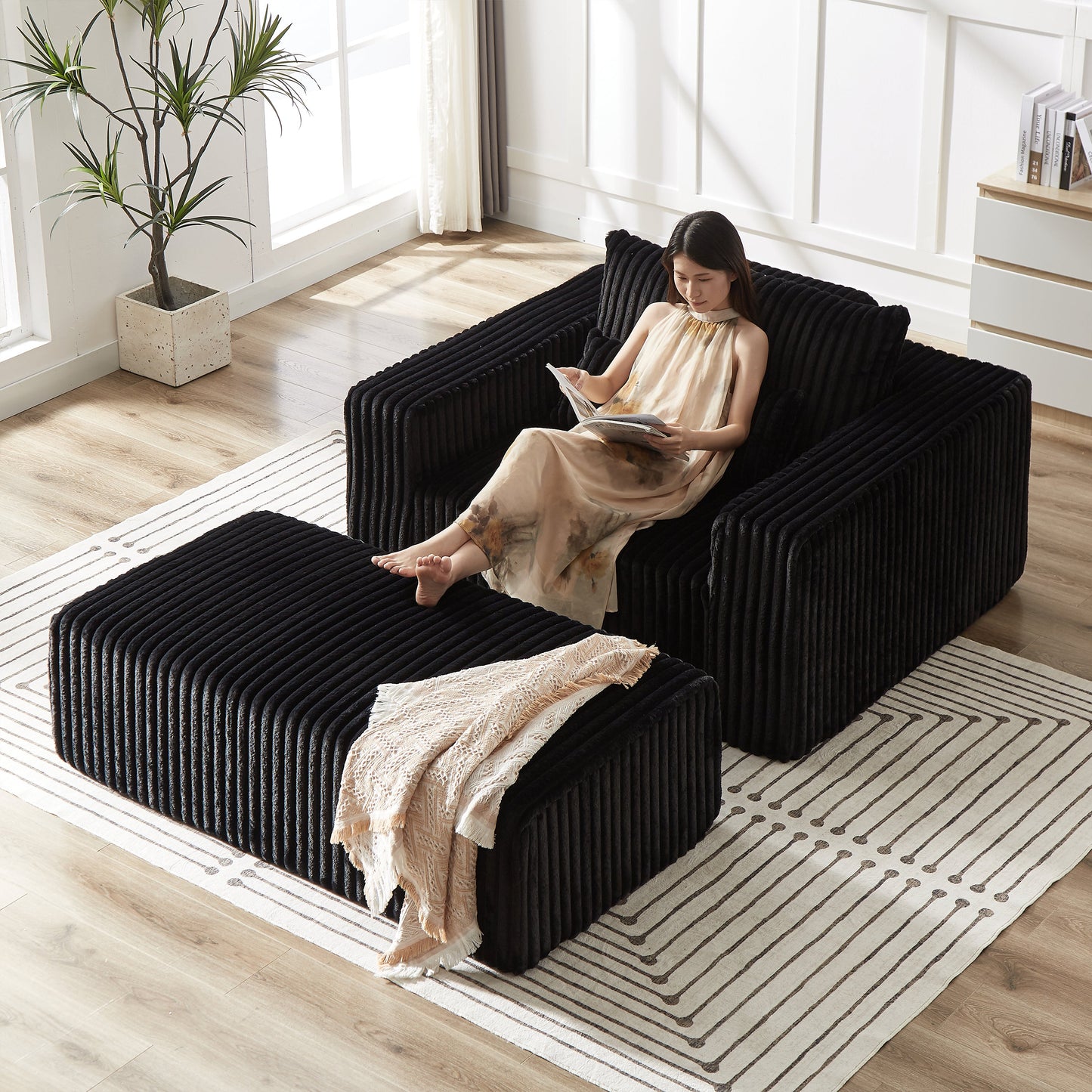 75-Inch Corduroy Sponge Sofa Lounge Chair With Removable Footrest,No Assembly Required,Fluffy Modern Sleeper Chair