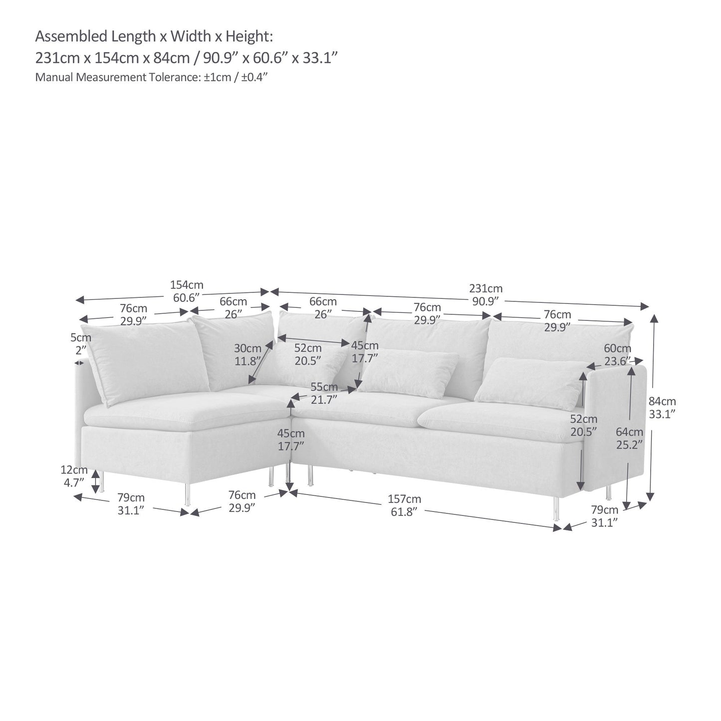 Modular L-Shaped Corner Sofa, Movable Chaise Facing Left/Right, Grey Cotton