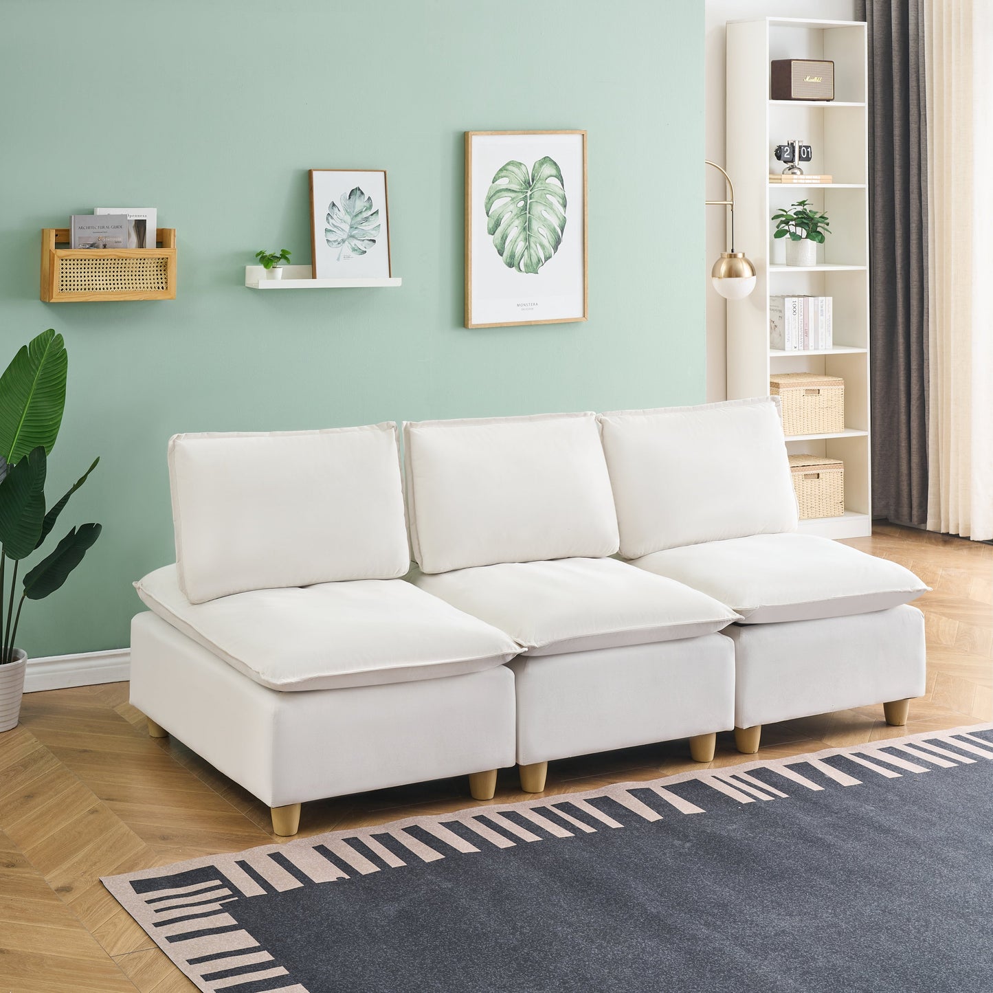 88-Inch Simple, Modern and Ultra-Comfortable Straight-Row Three-Seater Off-White Flannel Sofa Is Suitable for Living Room