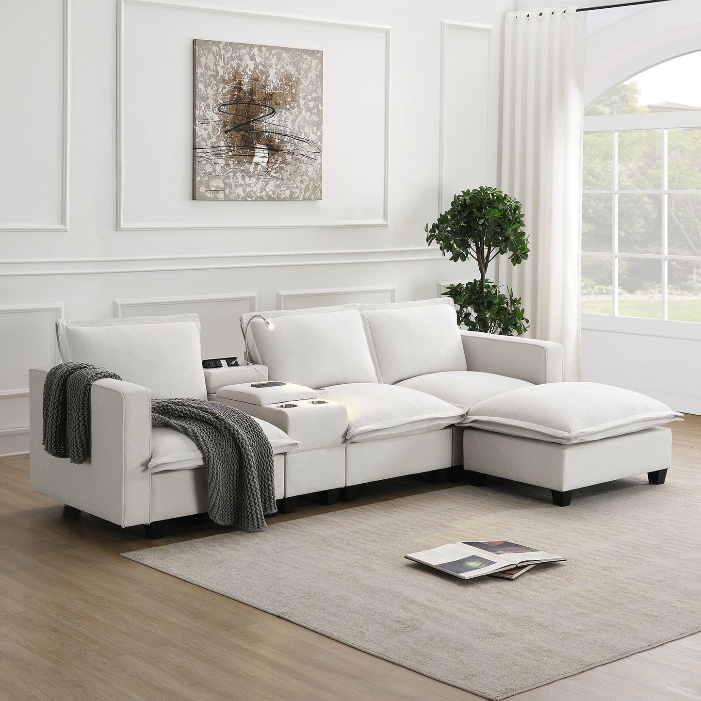109*57"Modern Sectional Cloud Sofa With Console,USB Charging Port,Reading Light,Cup Holder,4 Seat Chenille Modular Couch