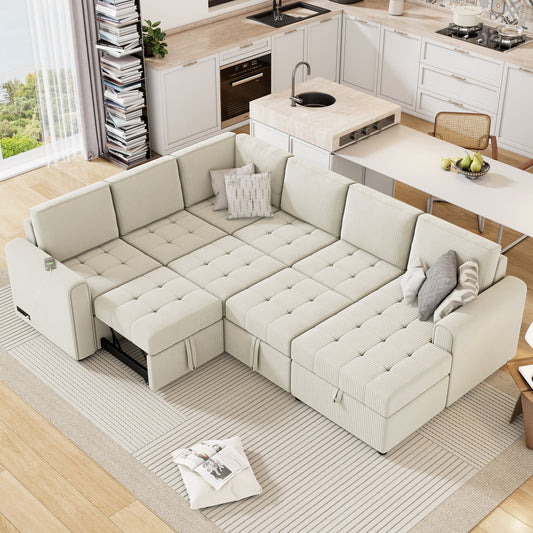 107.5" U-Shaped Sofa Sectional Sofa Pull-Out Sofa Bed With a Storage Chaise Lounge, Charging Devices for Living Room
