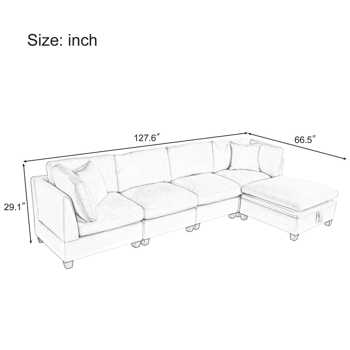 Upholstered Modular Sofa With Removable Storage Ottoman, 2 Hidden Cup Holders, Sectional Sofa for Living Room Apartment